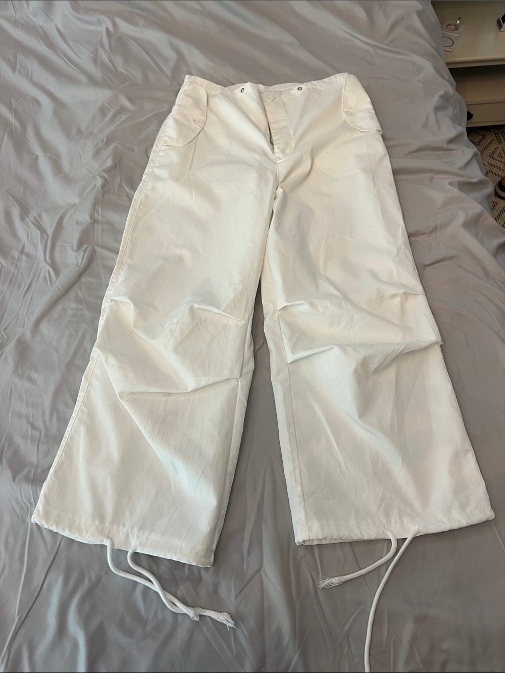 White Wide-Leg Drawstring Hem Pants